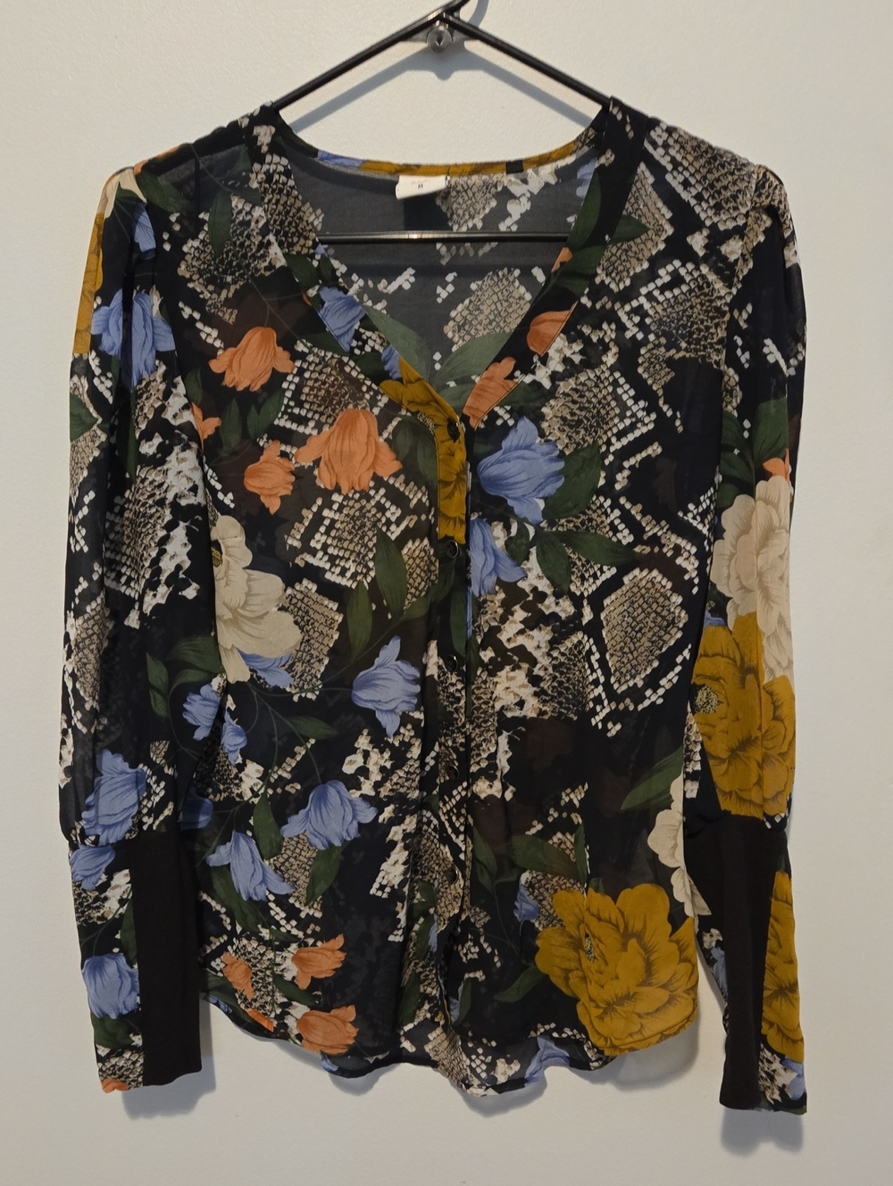 Cabi Black Floral V-Neck Blouse with Mustard & Blue Accents
